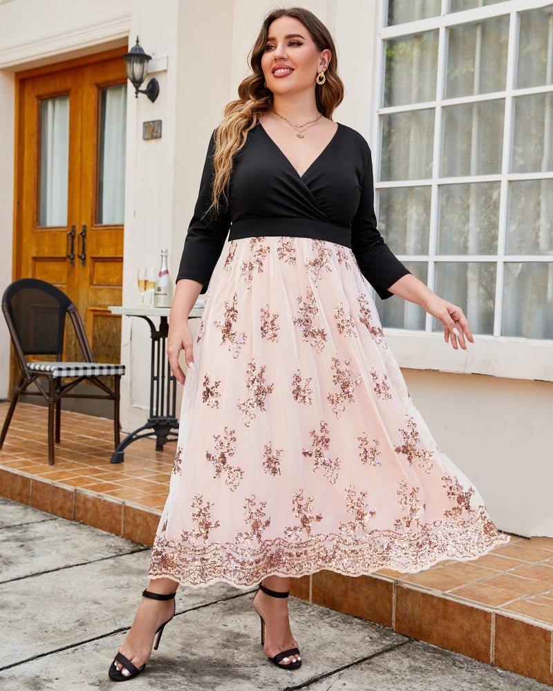 GRAPENT Women's Plus Size Sequin 3/4 Sleeves Evening Gown Party Long Maxi Dress Beige Pink Size 18W - Image 2